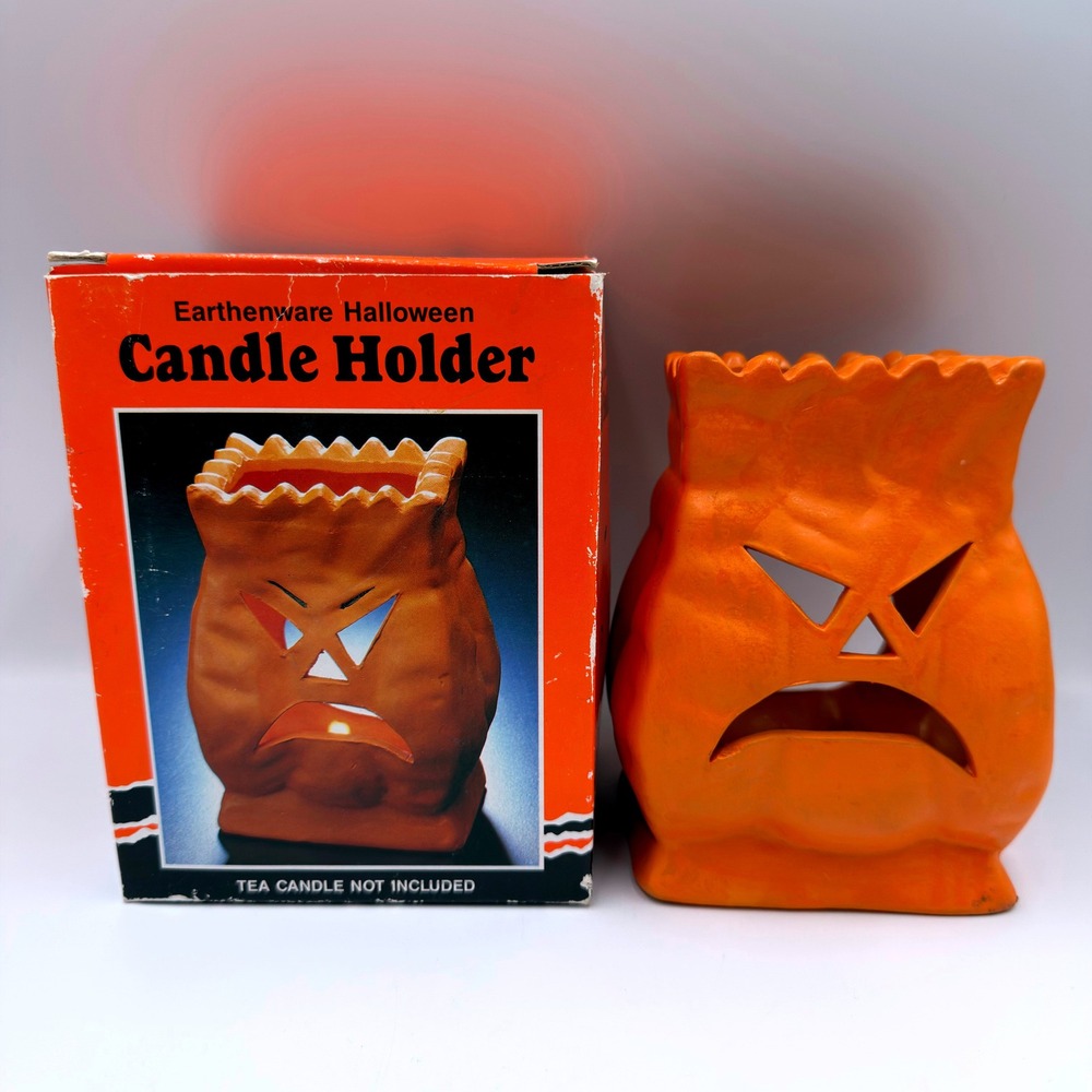 Vintage 1993 Four Star Earthenware Halloween Candle Holder Orange Jack O Lantern